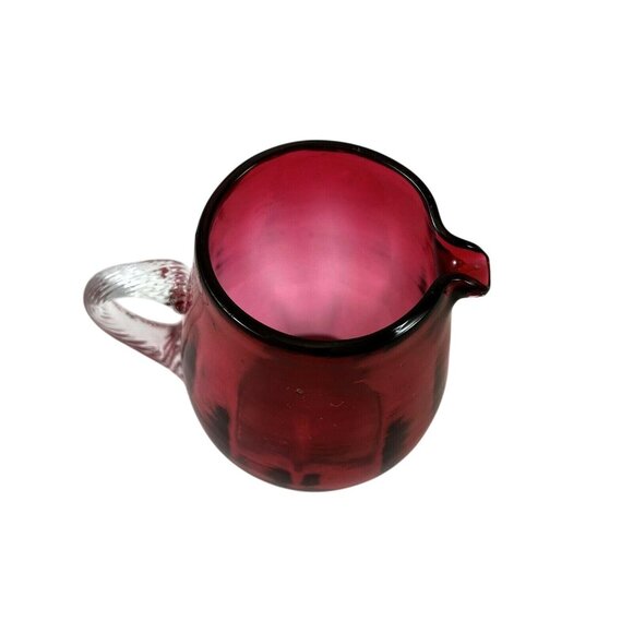 Pilgrim Cranberry Glass Pitcher Clear Applied Handle Vintage Blown Panel Optic - Picture 2 of 5